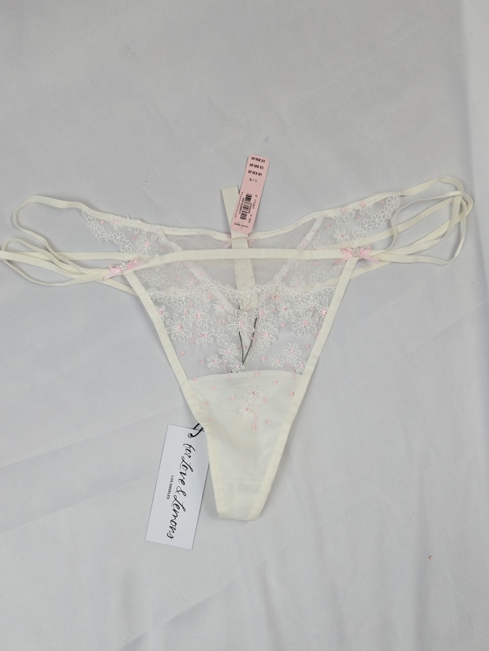 For Love & Lemons Sheer Lace Thong in Cream and Pink Wedding Panty Large NWT